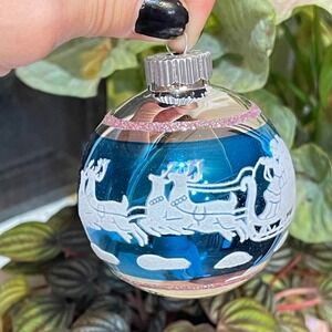 3"‎ Radko Shiny Brite Stenciled Flocked Ornament Santa Sleigh Ride Church Blue